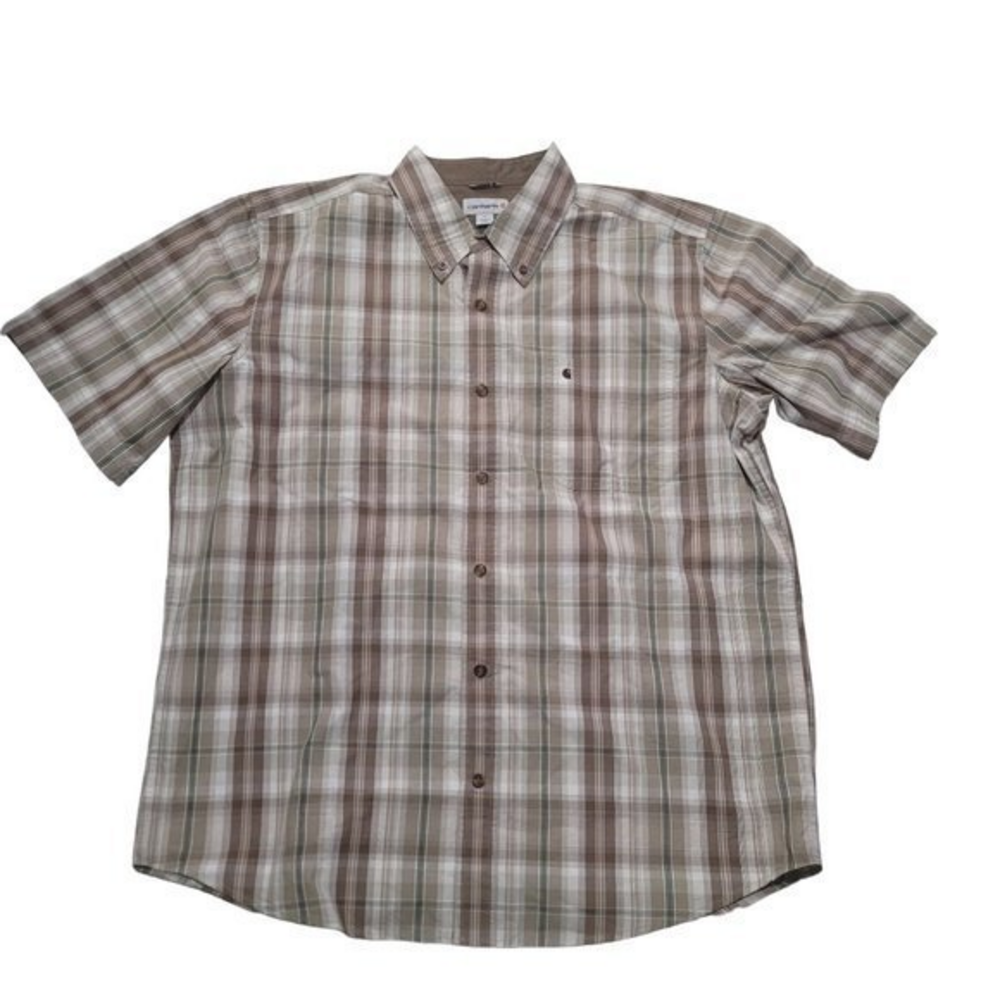 Carhartt Mens Size XL Tan Green Bellevue Plaid SS Button Up‎ Shirt 100388